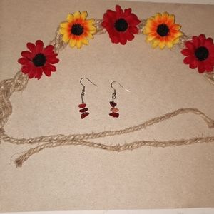 Sun daisy hemp flower head band,and red tigers eye crystal drop dangle earrings